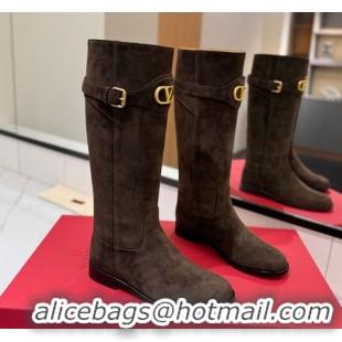 Grade Quality Valentino VLogo Signature Flat High Boots with Buckle Strap in Suede Brown VA082101