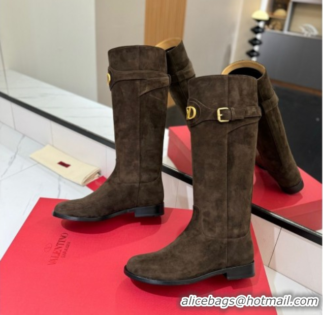 Grade Quality Valentino VLogo Signature Flat High Boots with Buckle Strap in Suede Brown VA082101