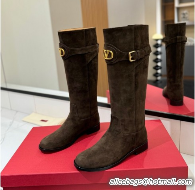 Grade Quality Valentino VLogo Signature Flat High Boots with Buckle Strap in Suede Brown VA082101