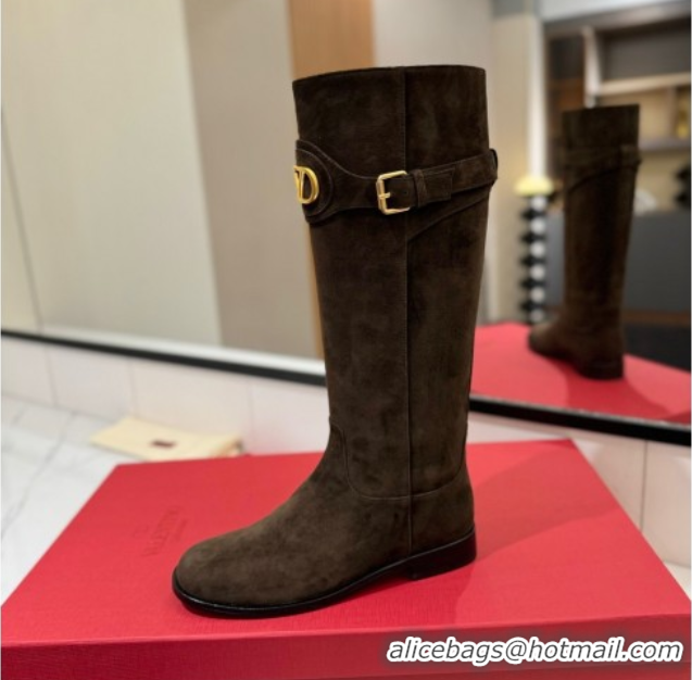 Grade Quality Valentino VLogo Signature Flat High Boots with Buckle Strap in Suede Brown VA082101