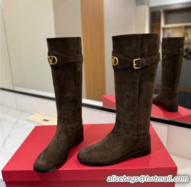 Grade Quality Valentino VLogo Signature Flat High Boots with Buckle Strap in Suede Brown VA082101