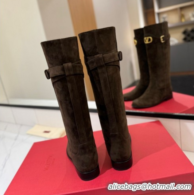 Grade Quality Valentino VLogo Signature Flat High Boots with Buckle Strap in Suede Brown VA082101