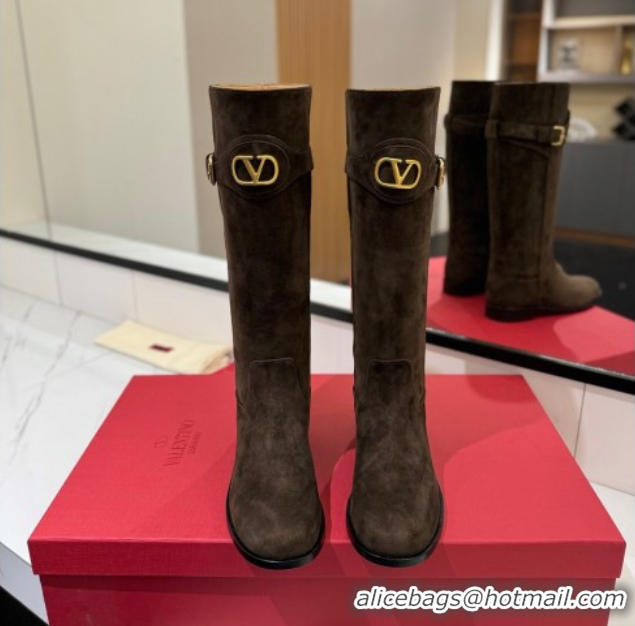 Grade Quality Valentino VLogo Signature Flat High Boots with Buckle Strap in Suede Brown VA082101