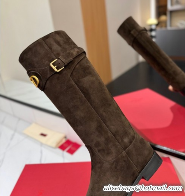 Grade Quality Valentino VLogo Signature Flat High Boots with Buckle Strap in Suede Brown VA082101