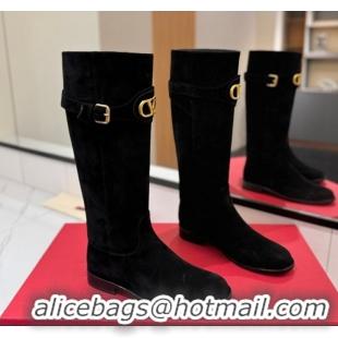 Buy Discount Valentino VLogo Signature Flat High Boots with Buckle Strap in Suede Black 2025 VA082101