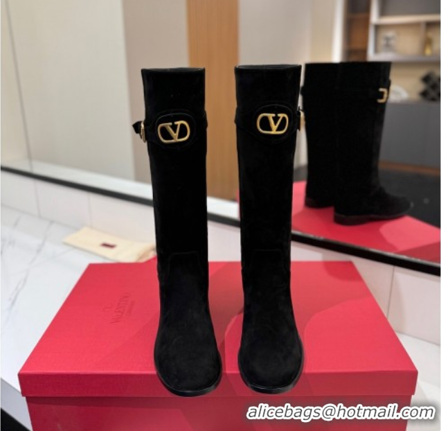 Buy Discount Valentino VLogo Signature Flat High Boots with Buckle Strap in Suede Black 2025 VA082101
