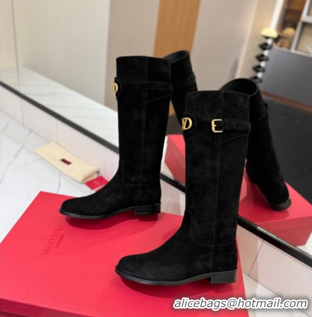 Buy Discount Valentino VLogo Signature Flat High Boots with Buckle Strap in Suede Black 2025 VA082101