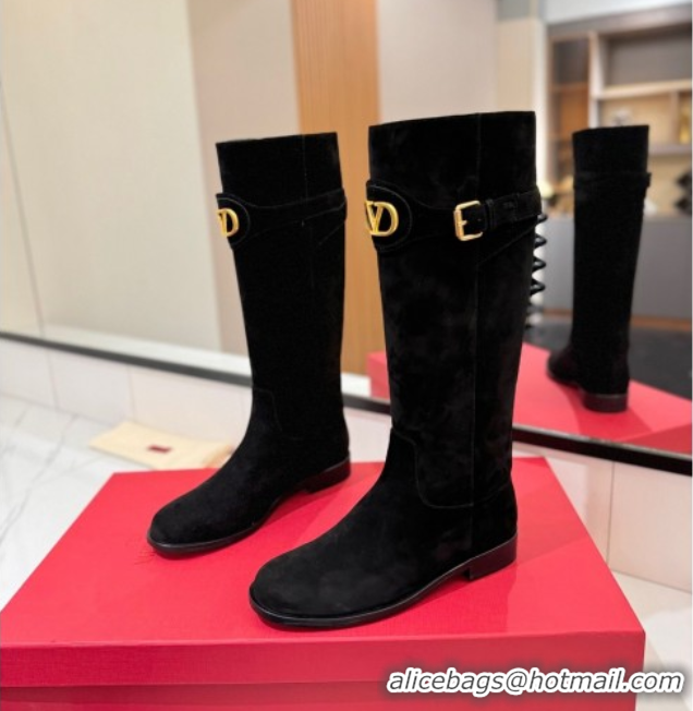 Buy Discount Valentino VLogo Signature Flat High Boots with Buckle Strap in Suede Black 2025 VA082101