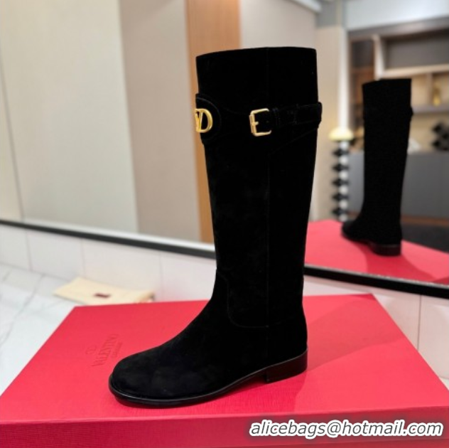 Buy Discount Valentino VLogo Signature Flat High Boots with Buckle Strap in Suede Black 2025 VA082101