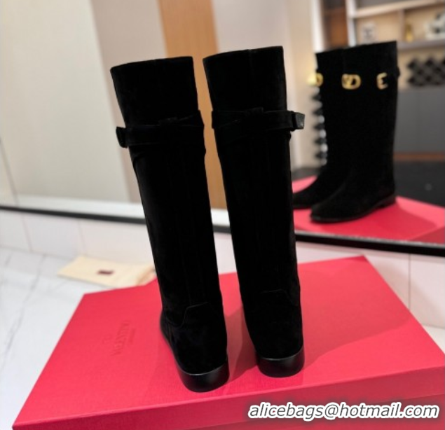 Buy Discount Valentino VLogo Signature Flat High Boots with Buckle Strap in Suede Black 2025 VA082101