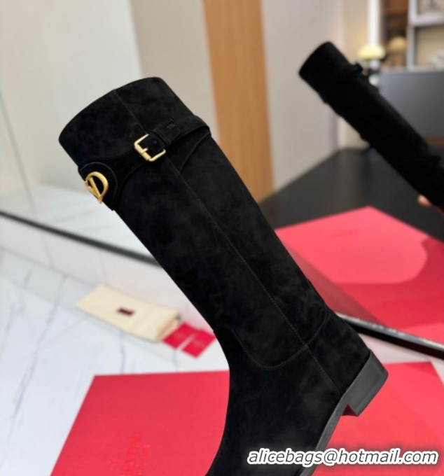Buy Discount Valentino VLogo Signature Flat High Boots with Buckle Strap in Suede Black 2025 VA082101