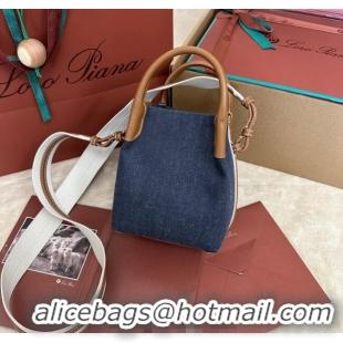 Good Product Loro Piana Small Bale Bucket Bag in Denim and Calfskin Leather 0925 Blue 2025