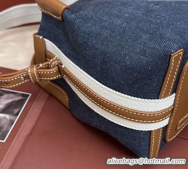 Good Product Loro Piana Small Bale Bucket Bag in Denim and Calfskin Leather 0925 Blue 2025