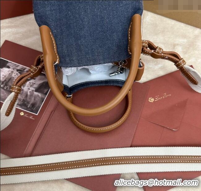 Good Product Loro Piana Small Bale Bucket Bag in Denim and Calfskin Leather 0925 Blue 2025