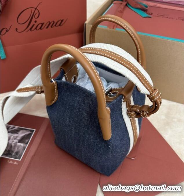 Good Product Loro Piana Small Bale Bucket Bag in Denim and Calfskin Leather 0925 Blue 2025