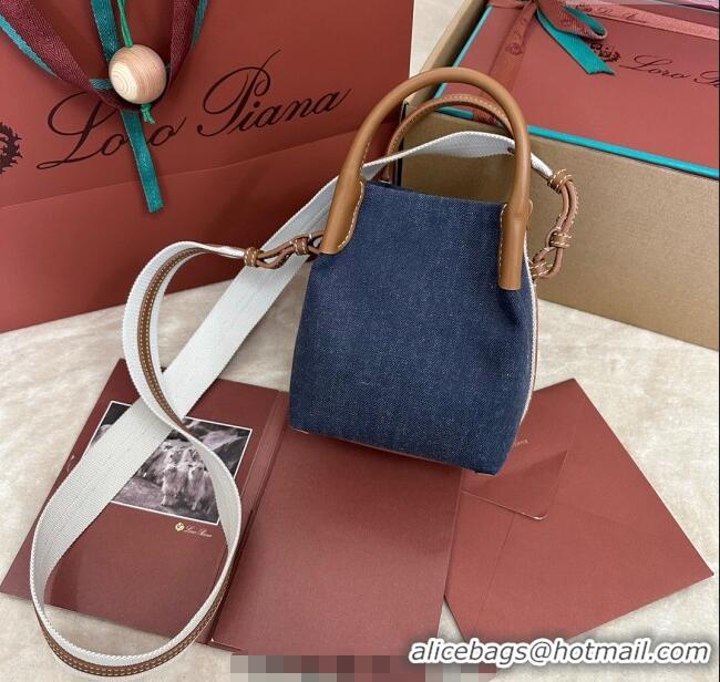 Good Product Loro Piana Small Bale Bucket Bag in Denim and Calfskin Leather 0925 Blue 2025