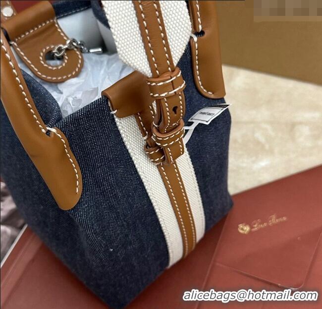 Good Product Loro Piana Small Bale Bucket Bag in Denim and Calfskin Leather 0925 Blue 2025
