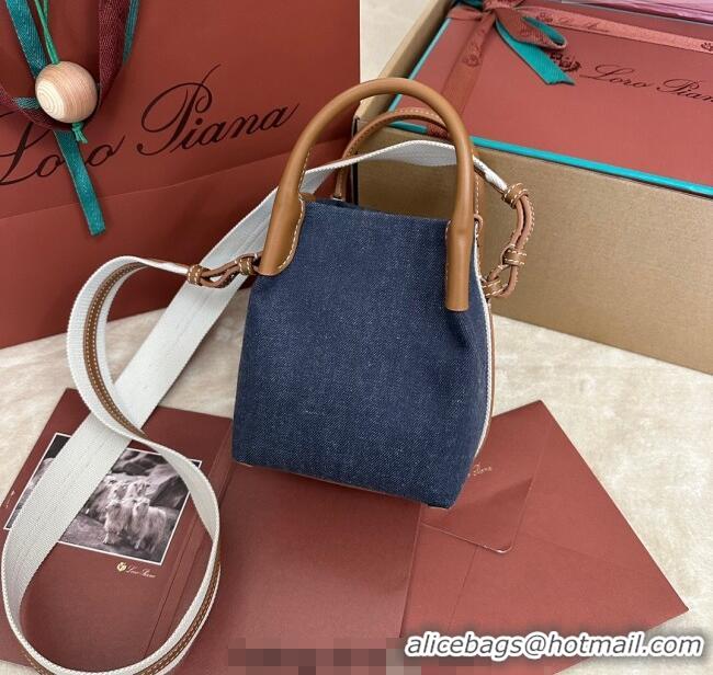 Good Product Loro Piana Small Bale Bucket Bag in Denim and Calfskin Leather 0925 Blue 2025