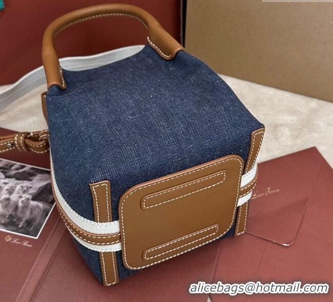 Good Product Loro Piana Small Bale Bucket Bag in Denim and Calfskin Leather 0925 Blue 2025