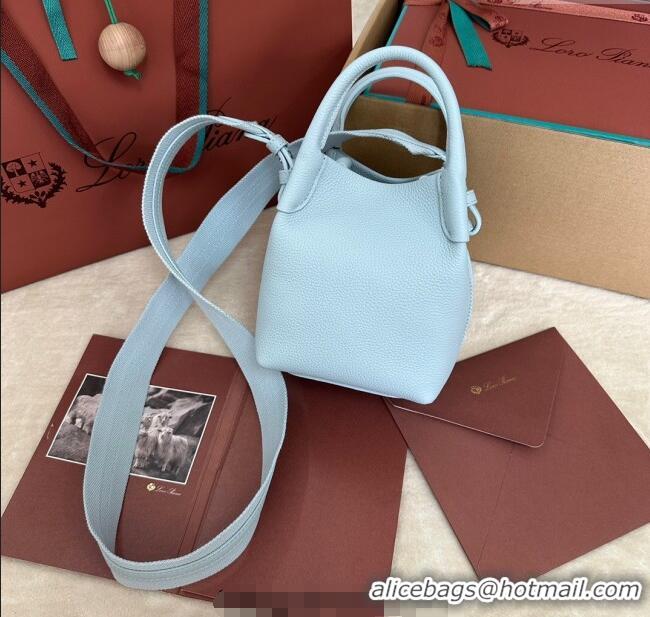 Luxurious Loro Piana Small Bale Bucket Bag in Grained Calfskin Leather 0925 Light Blue 2025