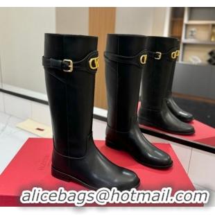 Top Grade Valentino VLogo Signature Flat High Boots with Buckle Strap in Calfskin Black 2025 VA082101