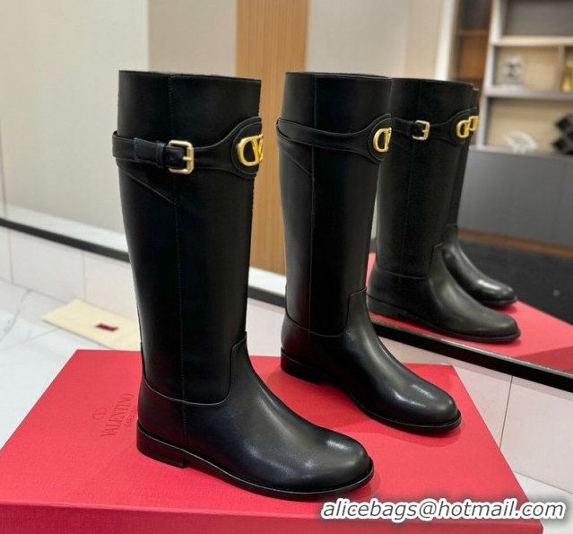 Top Grade Valentino VLogo Signature Flat High Boots with Buckle Strap in Calfskin Black 2025 VA082101