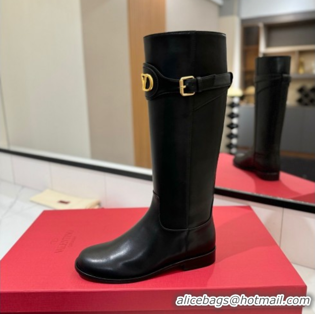 Top Grade Valentino VLogo Signature Flat High Boots with Buckle Strap in Calfskin Black 2025 VA082101