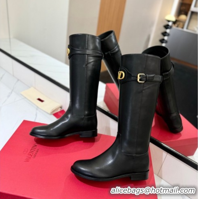 Top Grade Valentino VLogo Signature Flat High Boots with Buckle Strap in Calfskin Black 2025 VA082101