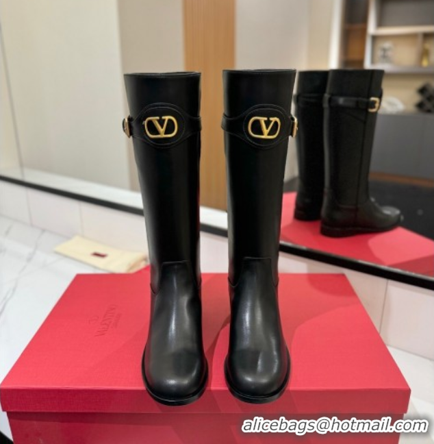 Top Grade Valentino VLogo Signature Flat High Boots with Buckle Strap in Calfskin Black 2025 VA082101