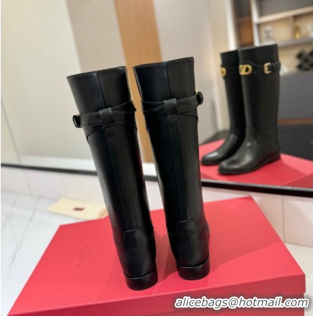 Top Grade Valentino VLogo Signature Flat High Boots with Buckle Strap in Calfskin Black 2025 VA082101