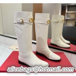 Best Price Valentino VLogo Signature Flat High Boots with Buckle Strap in Calfskin White 2025 VA082101