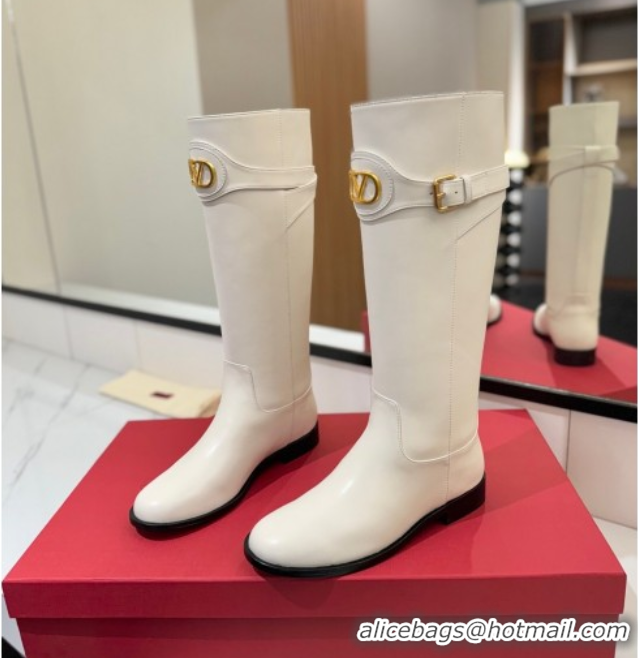 Best Price Valentino VLogo Signature Flat High Boots with Buckle Strap in Calfskin White 2025 VA082101