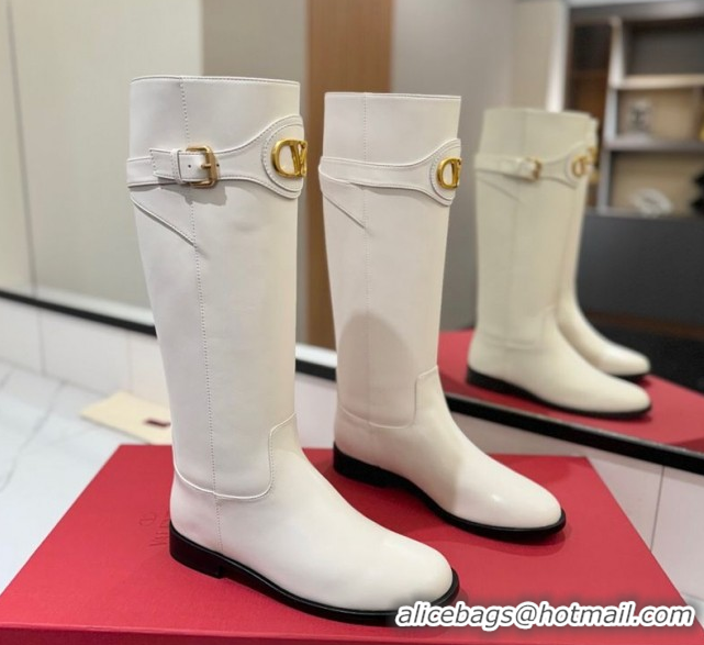 Best Price Valentino VLogo Signature Flat High Boots with Buckle Strap in Calfskin White 2025 VA082101