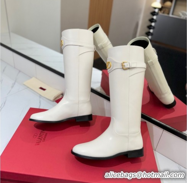 Best Price Valentino VLogo Signature Flat High Boots with Buckle Strap in Calfskin White 2025 VA082101