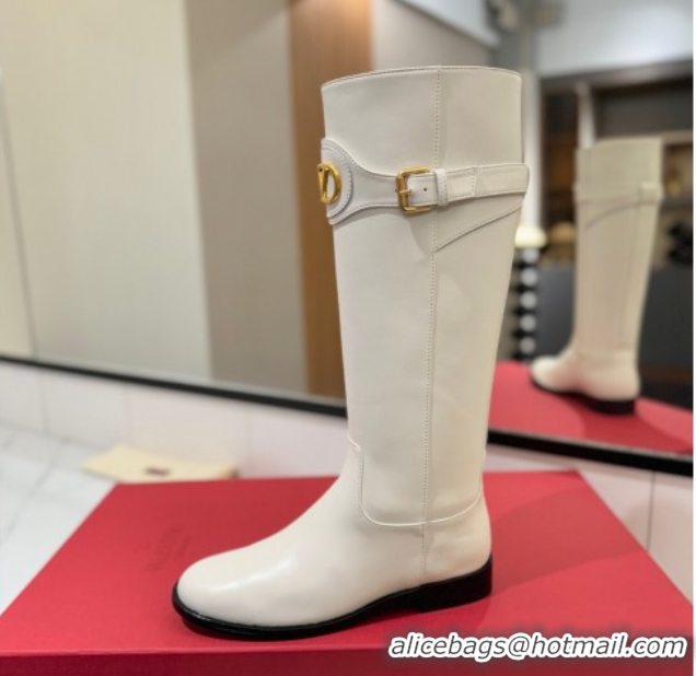 Best Price Valentino VLogo Signature Flat High Boots with Buckle Strap in Calfskin White 2025 VA082101