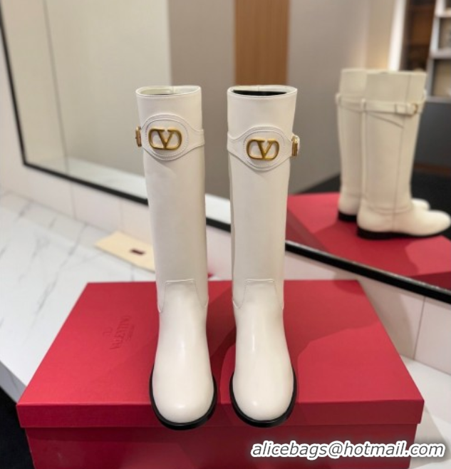 Best Price Valentino VLogo Signature Flat High Boots with Buckle Strap in Calfskin White 2025 VA082101