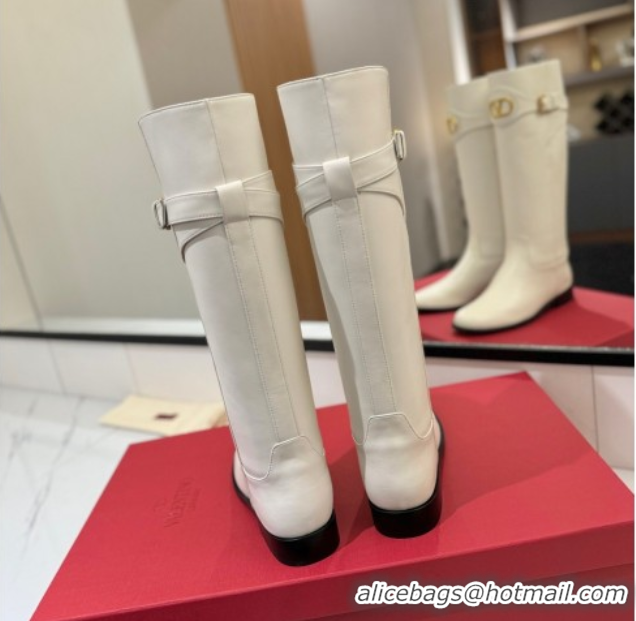 Best Price Valentino VLogo Signature Flat High Boots with Buckle Strap in Calfskin White 2025 VA082101