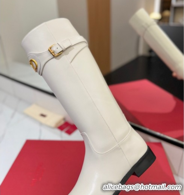 Best Price Valentino VLogo Signature Flat High Boots with Buckle Strap in Calfskin White 2025 VA082101