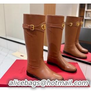 Purchase Valentino VLogo Signature Flat High Boots with Buckle Strap in Calfskin Brown VA082101