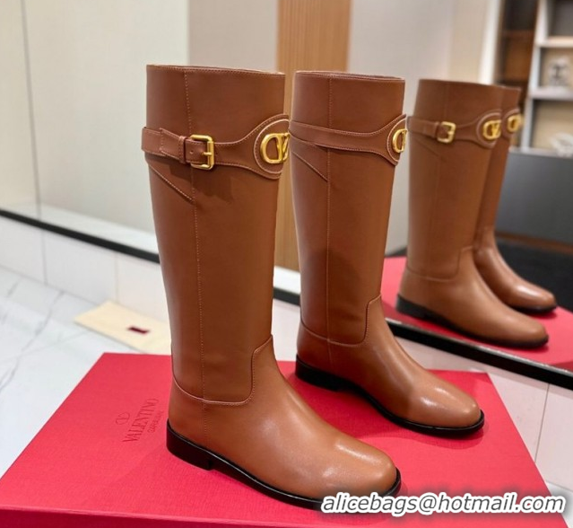 Purchase Valentino VLogo Signature Flat High Boots with Buckle Strap in Calfskin Brown VA082101