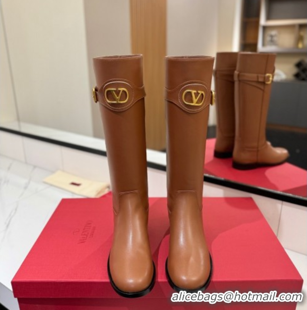 Purchase Valentino VLogo Signature Flat High Boots with Buckle Strap in Calfskin Brown VA082101