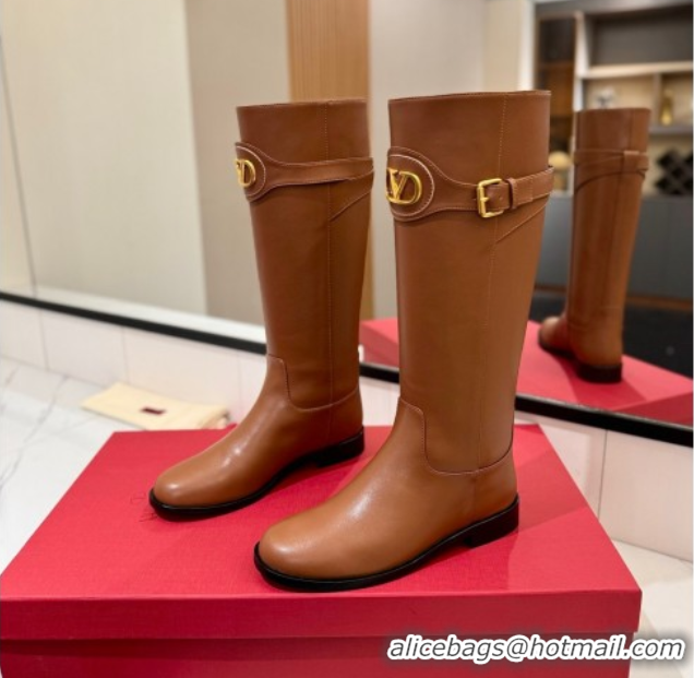 Purchase Valentino VLogo Signature Flat High Boots with Buckle Strap in Calfskin Brown VA082101