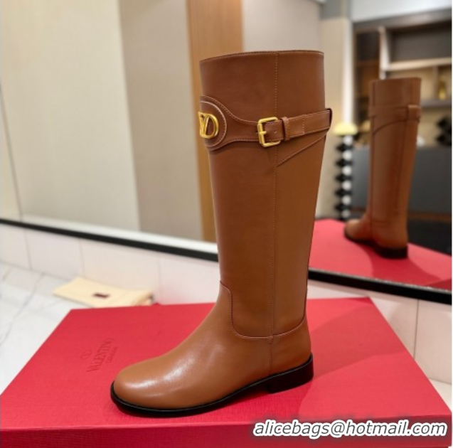 Purchase Valentino VLogo Signature Flat High Boots with Buckle Strap in Calfskin Brown VA082101