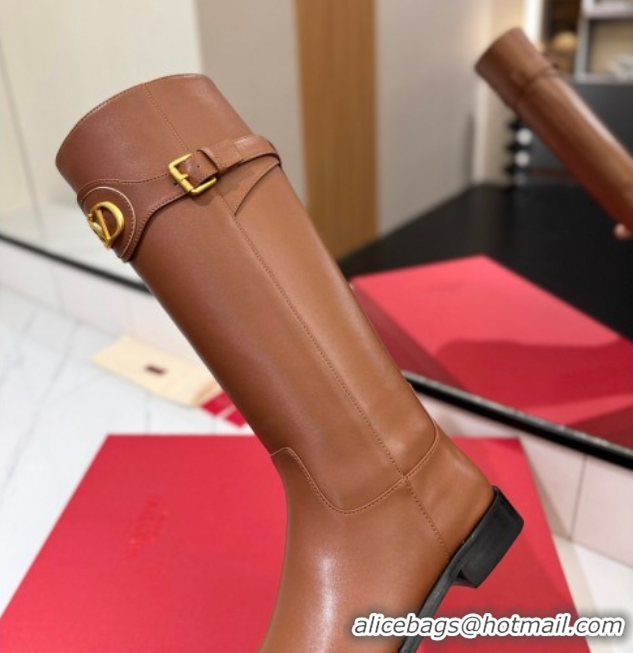 Purchase Valentino VLogo Signature Flat High Boots with Buckle Strap in Calfskin Brown VA082101