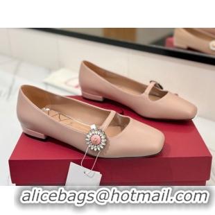 Best Grade Valentino Preshoes Mary-Jane Ballerinas Flat with Jeweled Button in Nappa Leather Light Pink 0821008 