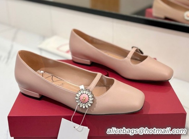 Best Grade Valentino Preshoes Mary-Jane Ballerinas Flat with Jeweled Button in Nappa Leather Light Pink 0821008 