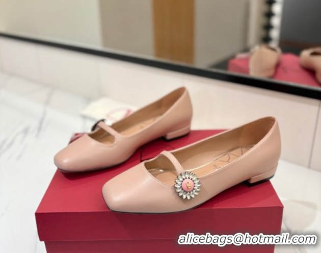 Best Grade Valentino Preshoes Mary-Jane Ballerinas Flat with Jeweled Button in Nappa Leather Light Pink 0821008 