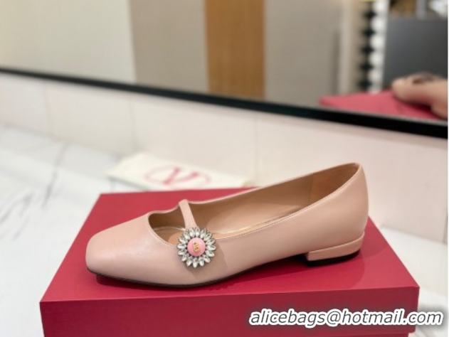 Best Grade Valentino Preshoes Mary-Jane Ballerinas Flat with Jeweled Button in Nappa Leather Light Pink 0821008 