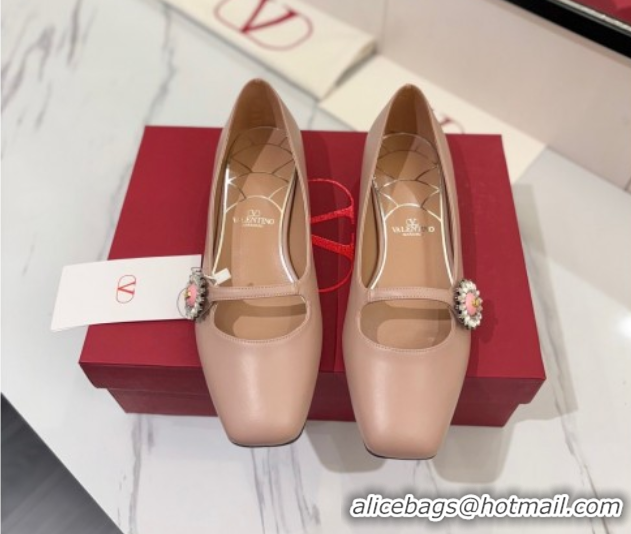 Best Grade Valentino Preshoes Mary-Jane Ballerinas Flat with Jeweled Button in Nappa Leather Light Pink 0821008 