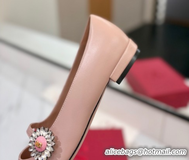 Best Grade Valentino Preshoes Mary-Jane Ballerinas Flat with Jeweled Button in Nappa Leather Light Pink 0821008 